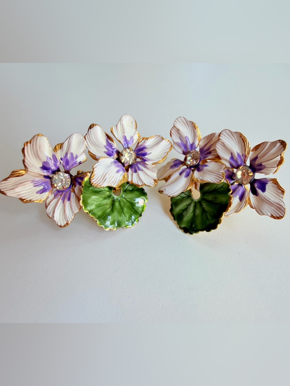 Rare Vintage SANDOR African Violet Enamel Clip Earrings 1950s